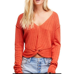 Free People Small Sweater Got Me‎ Twisted Linen Orange Pullover Boho